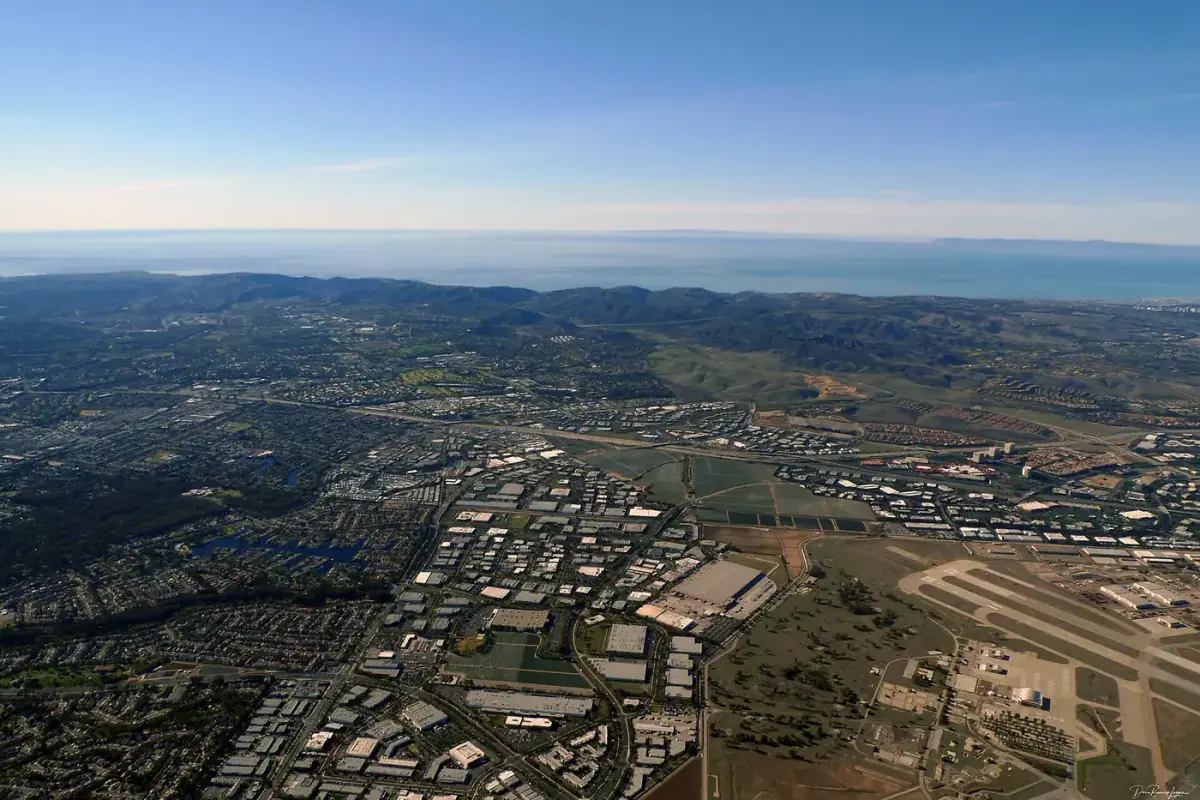 Aerial view of Laguna Hills neighborhoods and hills in Orange County